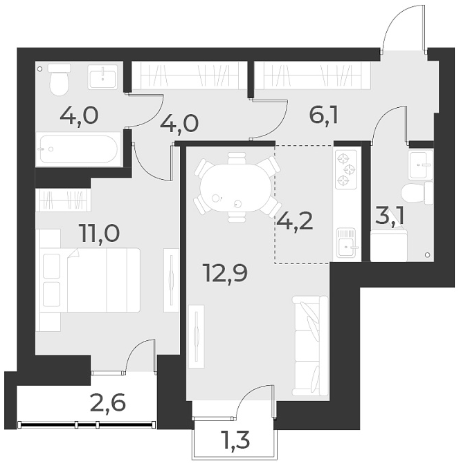 Планировка 2е-к.кв 45.30 м² в ЖК «Русское солнце»