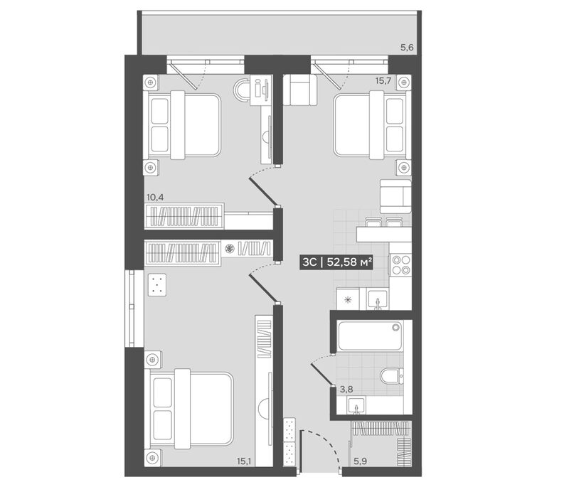 Планировка 3е-к.кв 50.90 м² в ЖК «Алтын-Шор»