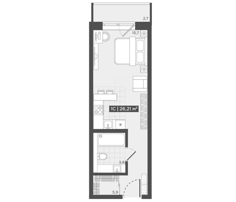 Планировка студии 25.40 м² в ЖК «Алтын-Шор»