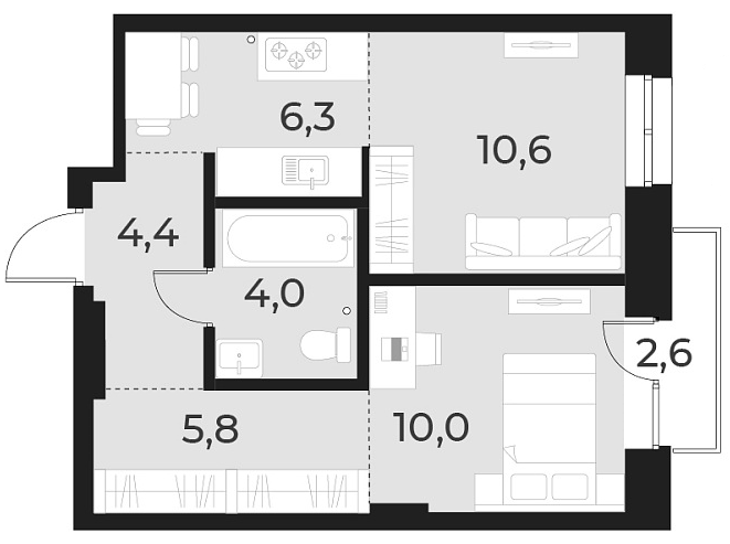 Планировка 2е-к.кв 41.10 м² в ЖК «Русское солнце»