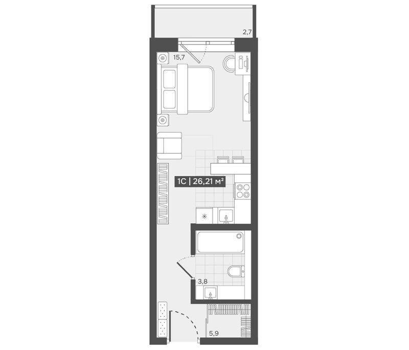 Планировка студии 25.40 м² в ЖК «Алтын-Шор»