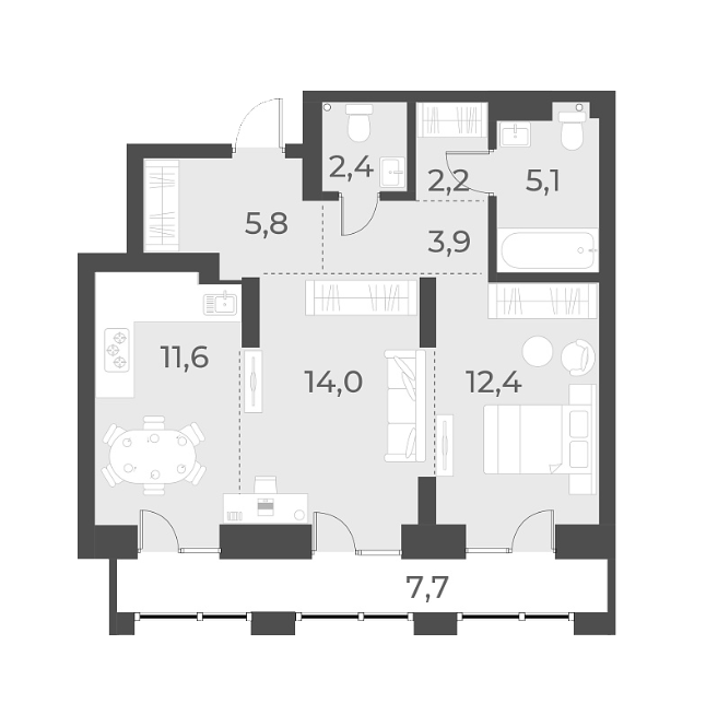 Планировка 2-к.кв 57.40 м² в ЖК «Русское солнце»