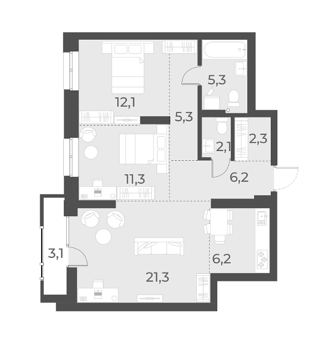 Планировка 3е-к.кв 72.10 м² в ЖК «Русское солнце»