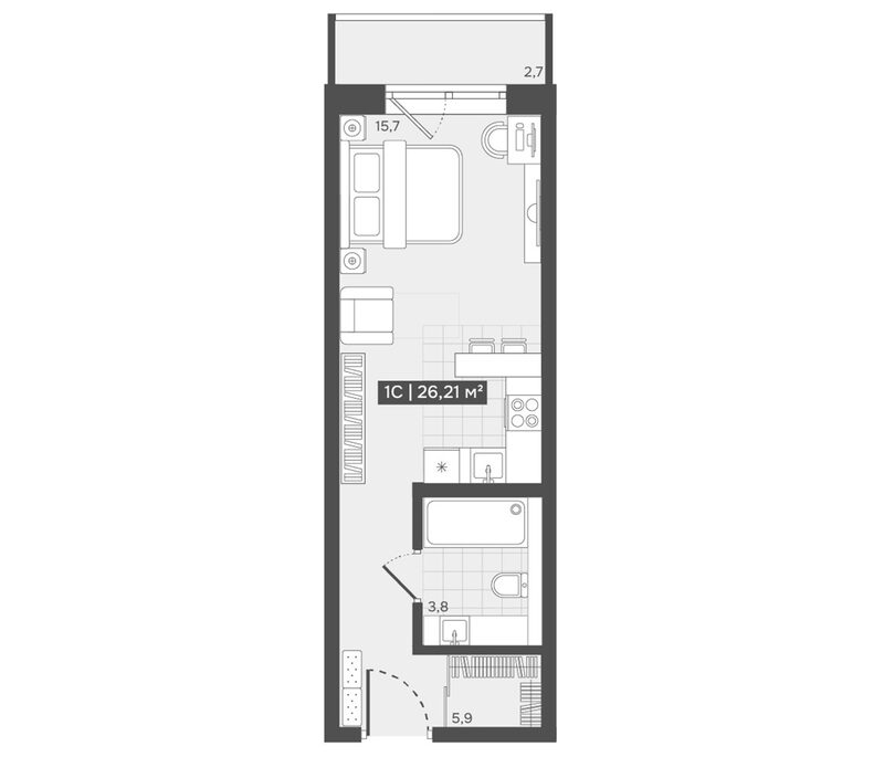 Планировка студии 25.40 м² в ЖК «Алтын-Шор»