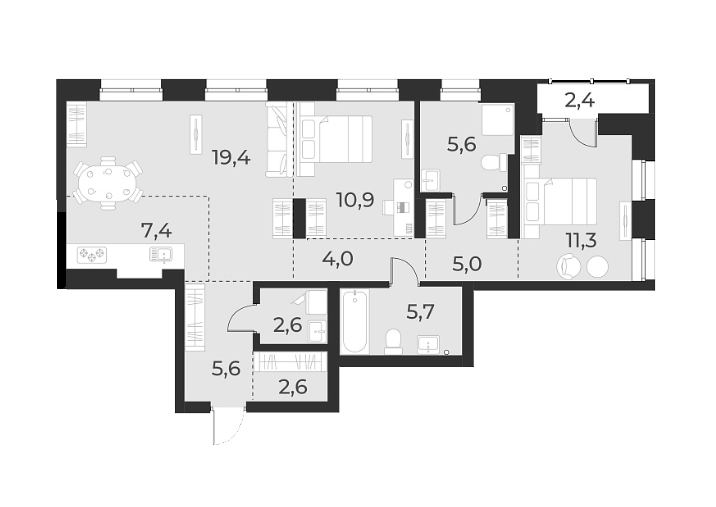 Планировка 3е-к. квартира 80.10 м² в ЖК «Русское солнце»
