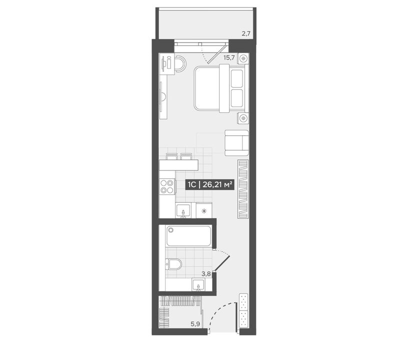 Планировка студии 25.40 м² в ЖК «Алтын-Шор»