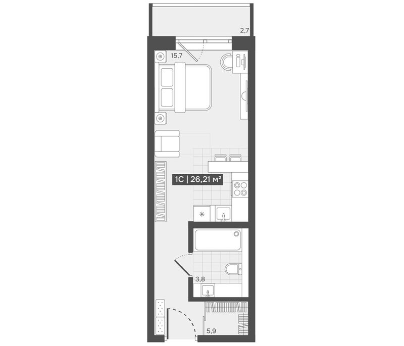 Планировка студии 25.40 м² в ЖК «Алтын-Шор»