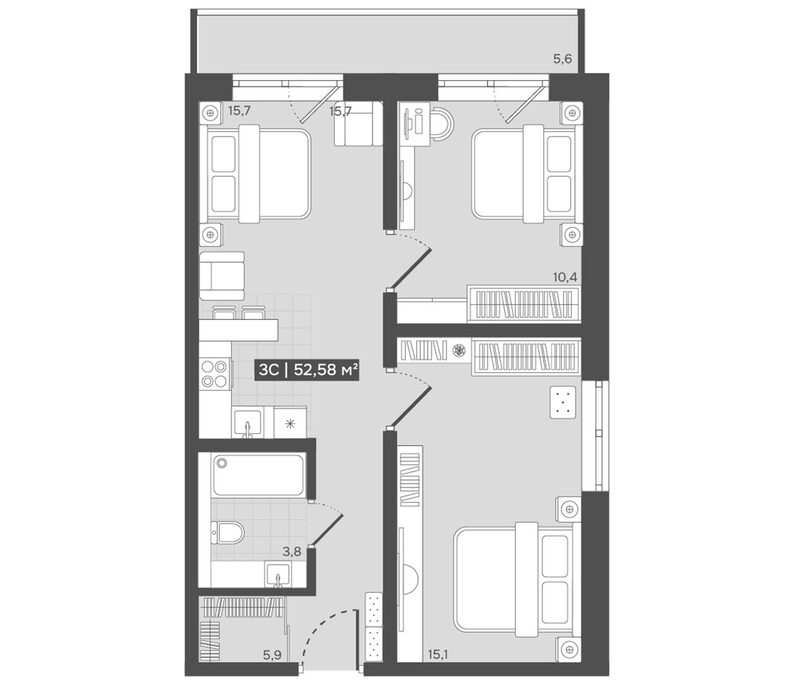 Планировка 3е-к.кв 50.90 м² в ЖК «Алтын-Шор»