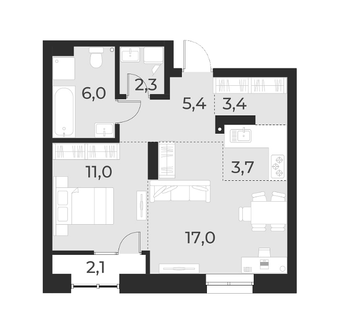 Планировка 2е-к. квартира 48.80 м² в ЖК «Русское солнце»