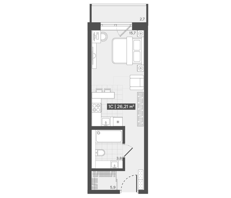 Планировка студия 25.40 м² в ЖК «Алтын-Шор»