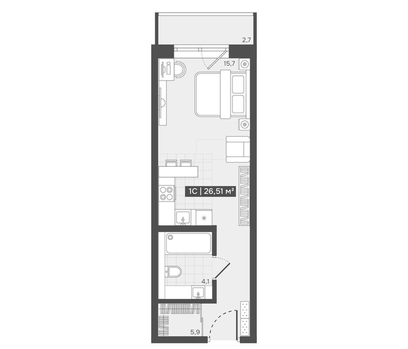 Планировка студии 25.40 м² в ЖК «Алтын-Шор»
