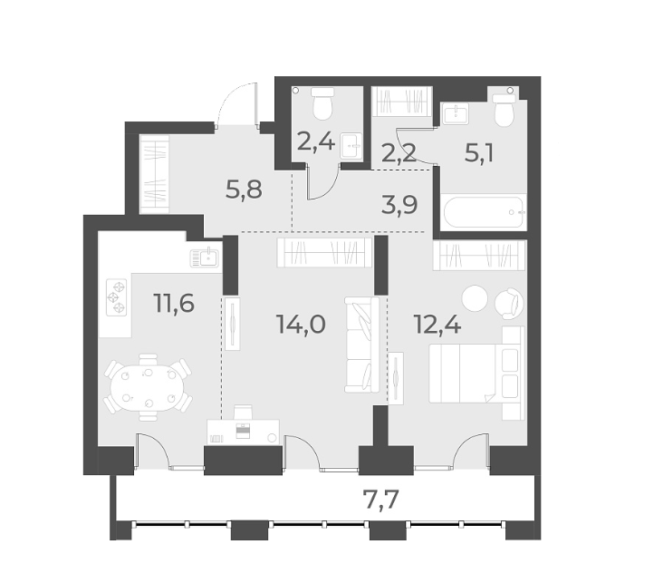 Планировка 2-к.кв 57.40 м² в ЖК «Русское солнце»
