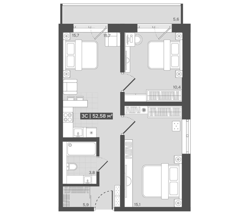Планировка 3е-к. квартира 50.90 м² в ЖК «Алтын-Шор»