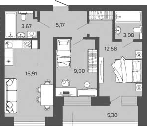 Планировка 2-к.кв 50.31 м² в ЖК «Прованс»