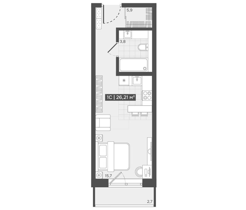 Планировка студии 25.40 м² в ЖК «Алтын-Шор»