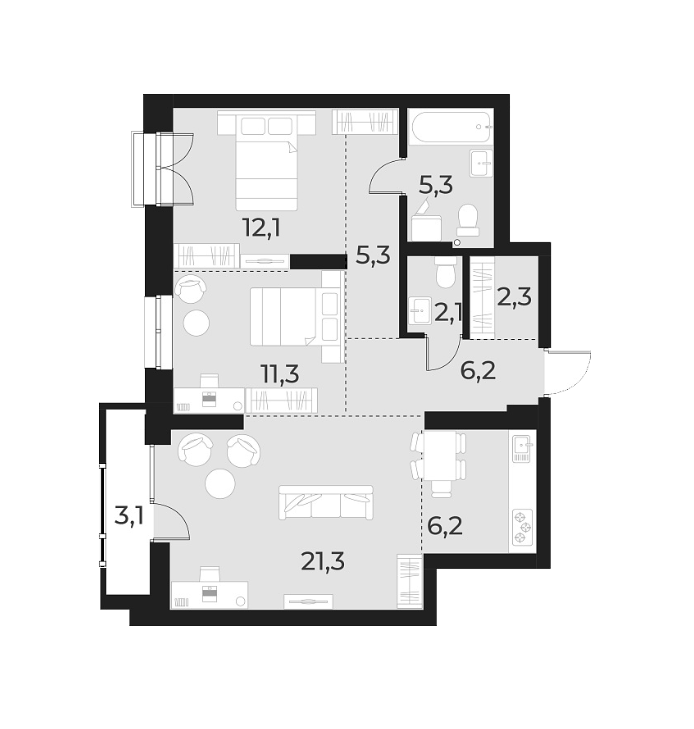 Планировка 3е-к. квартира 72.10 м² в ЖК «Русское солнце»