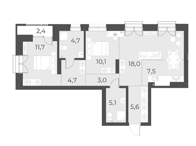 Планировка 3е-к.кв 70.40 м² в ЖК «Русское солнце»