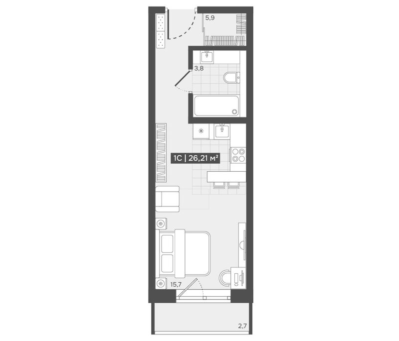 Планировка студия 25.40 м² в ЖК «Алтын-Шор»