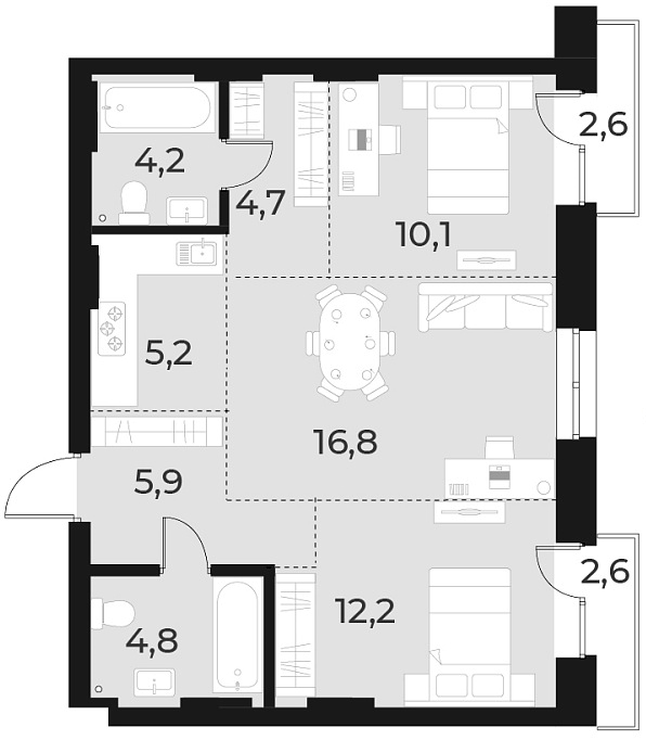 Планировка 3е-к. квартира 63.90 м² в ЖК «Русское солнце»