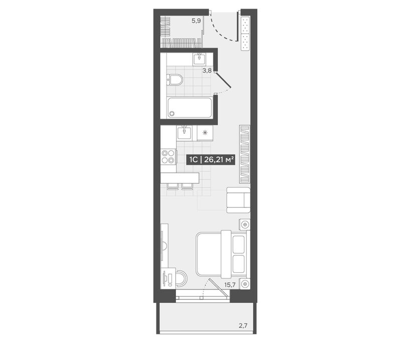 Планировка студия 25.40 м² в ЖК «Алтын-Шор»