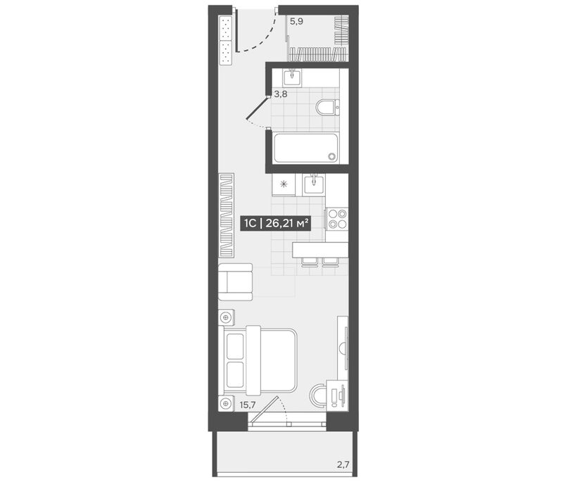 Планировка студии 25.40 м² в ЖК «Алтын-Шор»