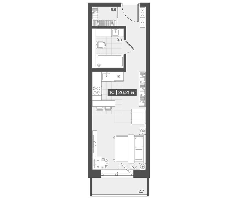 Планировка студии 25.40 м² в ЖК «Алтын-Шор»