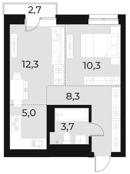 Планировка 2е-к.кв 39.60 м² в ЖК «Русское солнце»