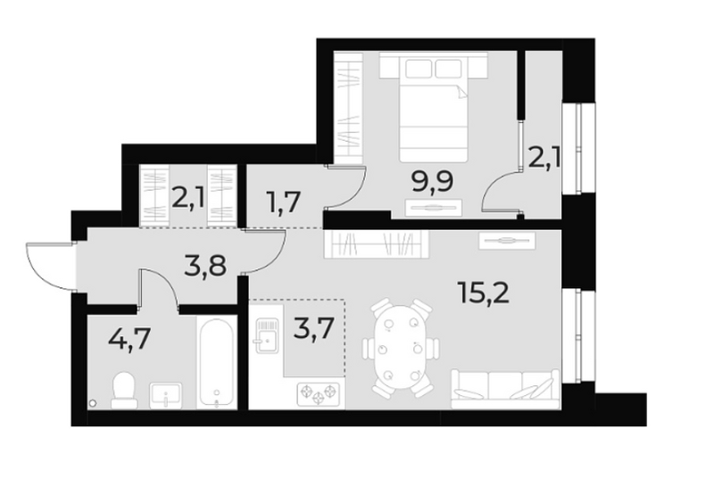 Планировка 2е-к. квартира 41.10 м² в ЖК «Русское солнце»