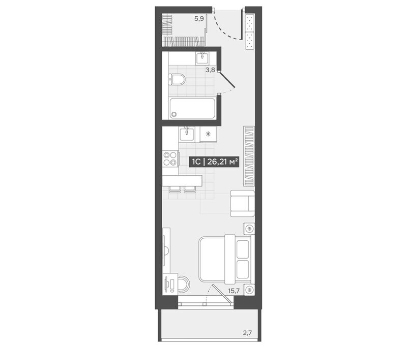 Планировка студии 25.40 м² в ЖК «Алтын-Шор»