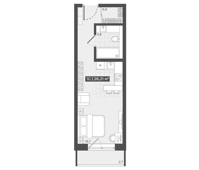 Планировка студии 25.40 м² в ЖК «Алтын-Шор»