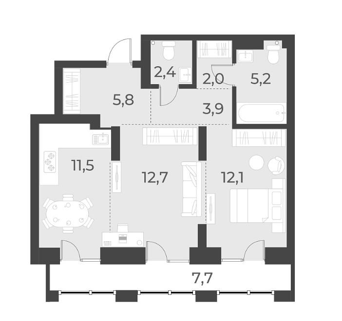 Планировка 2-к. квартира 55.60 м² в ЖК «Русское солнце»
