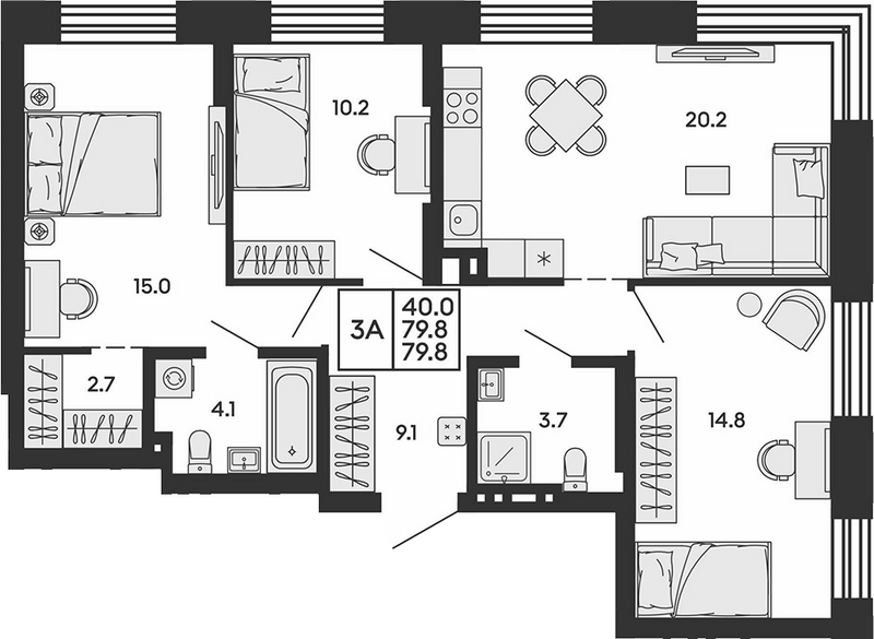 Планировка 4е-к.кв 79.80 м² в ЖК «Сила леса»