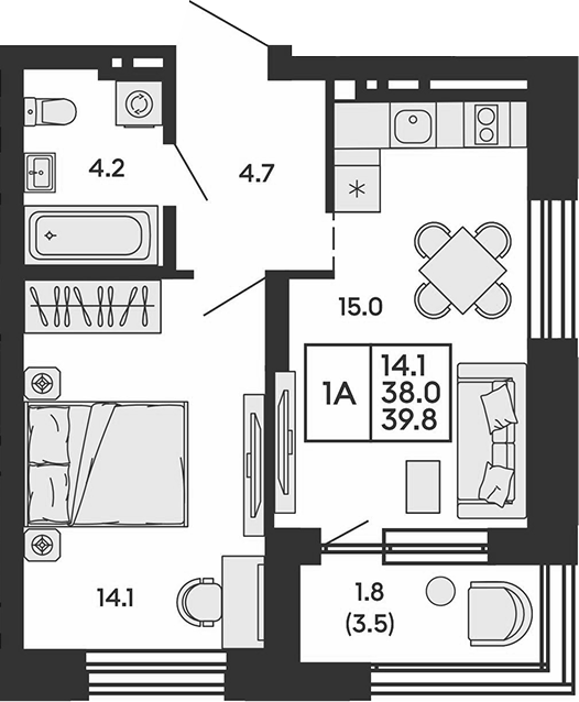Планировка 2е-к.кв 38.00 м² в ЖК «Сила леса»
