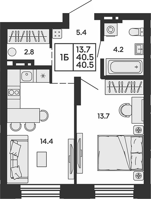 Планировка 2е-к.кв 40.50 м² в ЖК «Сила леса»