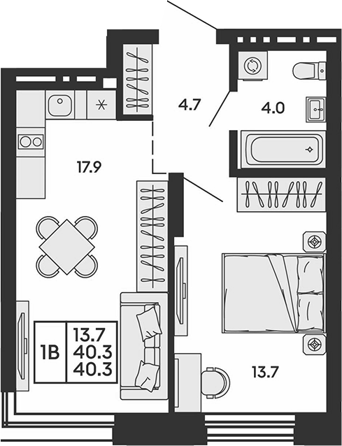 Планировка 2е-к.кв 40.30 м² в ЖК «Сила леса»