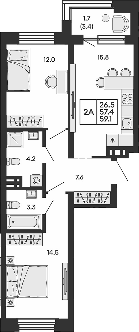 Планировка 2-к.кв 57.40 м² в ЖК «Сила леса»