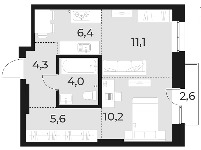 Планировка 2е-к. квартира 41.60 м² в ЖК «Русское солнце»