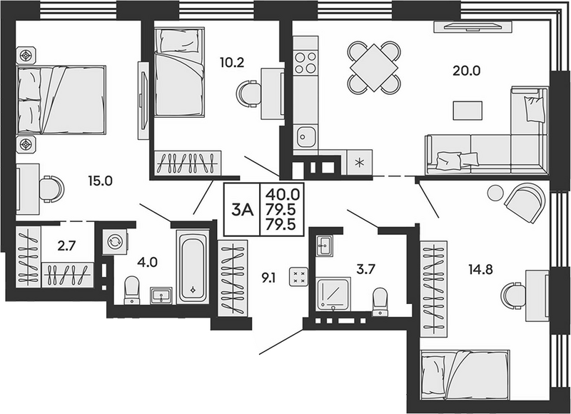 Планировка 4е-к.кв 79.50 м² в ЖК «Сила леса»