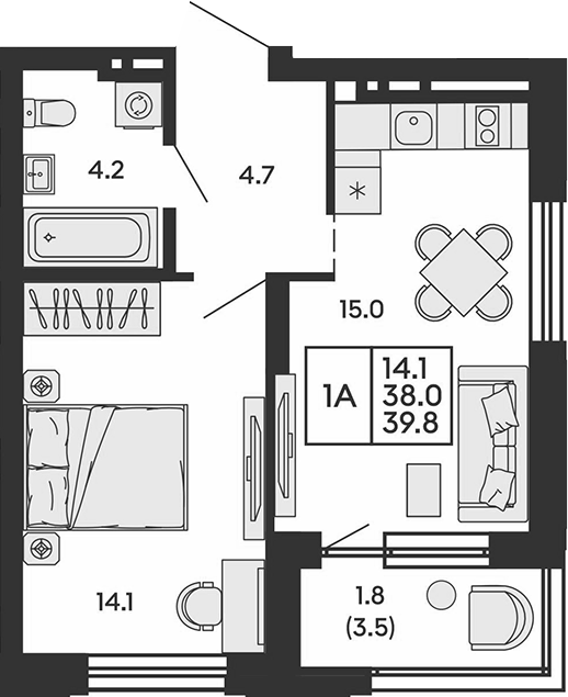 Планировка 2е-к.кв 38.00 м² в ЖК «Сила леса»