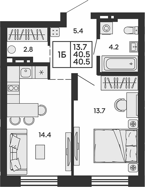 Планировка 2е-к.кв 40.50 м² в ЖК «Сила леса»