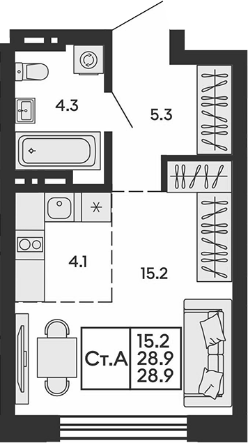 Планировка студии 28.90 м² в ЖК «Сила леса»