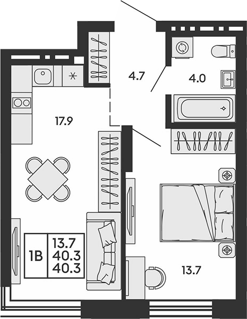 Планировка 2е-к.кв 40.30 м² в ЖК «Сила леса»