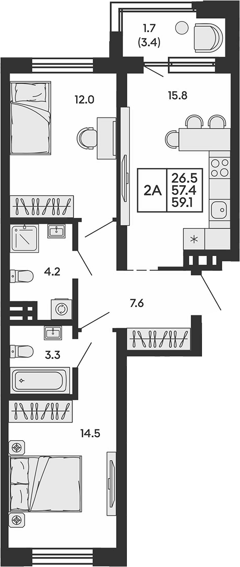 Планировка 2-к.кв 57.40 м² в ЖК «Сила леса»