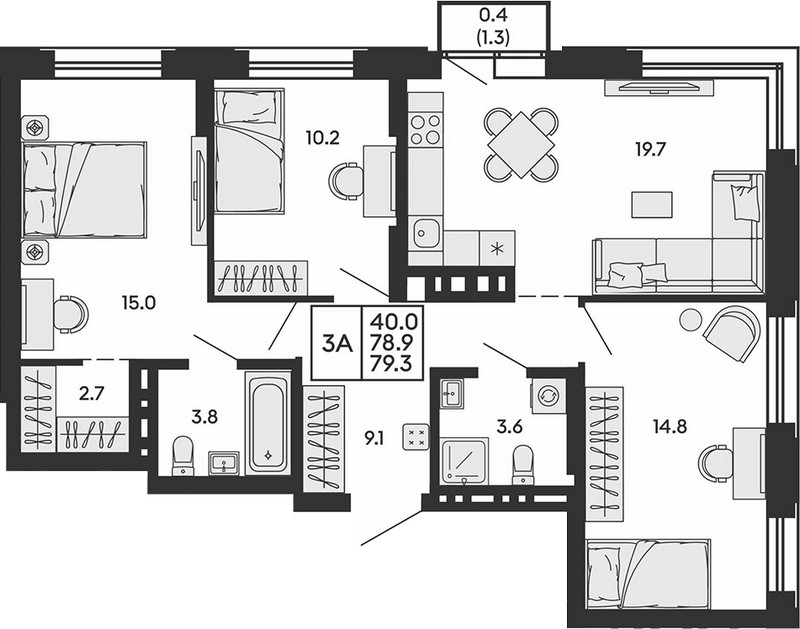 Планировка 4е-к. квартира 78.90 м² в ЖК «Сила леса»