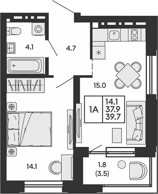 Планировка 2е-к.кв 37.90 м² в ЖК «Сила леса»