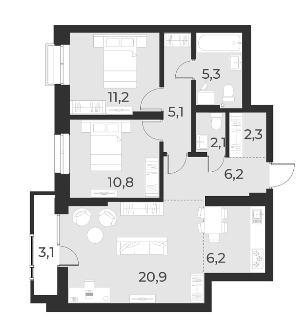 Планировка 3е-к. квартира 70.10 м² в ЖК «Русское солнце»