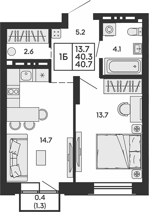 Планировка 2е-к.кв 40.30 м² в ЖК «Сила леса»