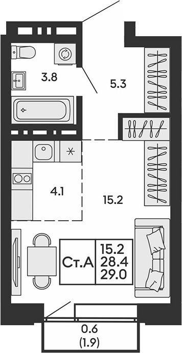 Планировка студия 28.40 м² в ЖК «Сила леса»