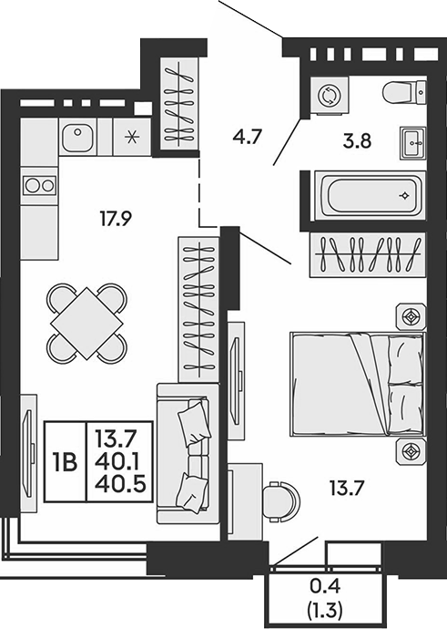 Планировка 2е-к.кв 40.10 м² в ЖК «Сила леса»