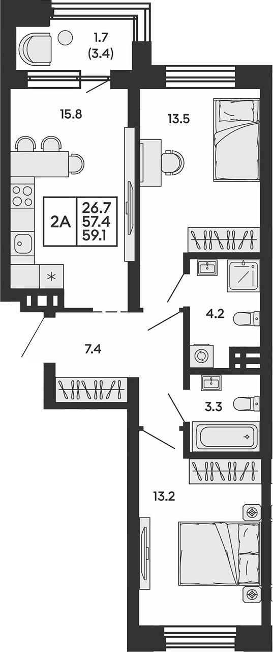 Планировка 2-к.кв 57.40 м² в ЖК «Сила леса»